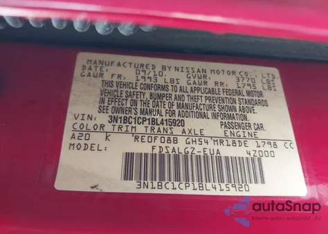 2011 Nissan Versa 1.8Sl z USA, uszkodzony, nr VIN 3N1BC1CP1BL415920